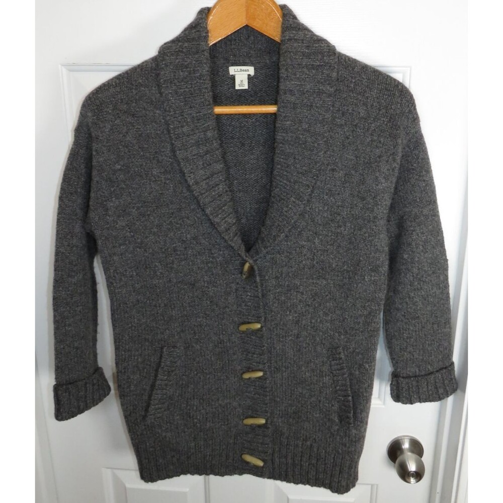 LL Bean Classic Ragg Wool Cardigan Sweater Lambswool Toggle Shawl Collar Medium